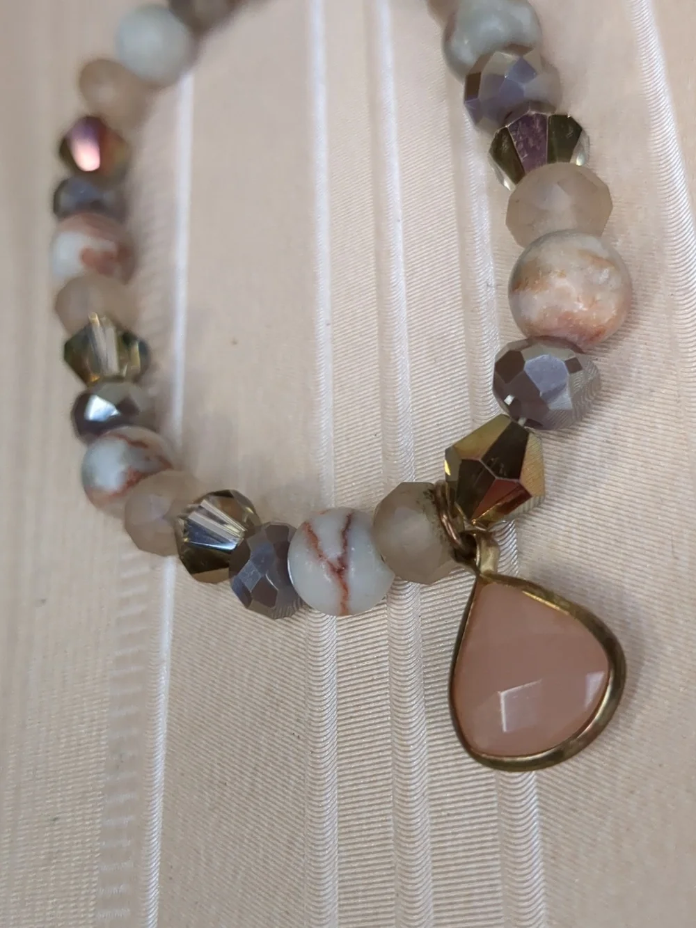Boho Natural Stone Bracelet W/ Dangle Charm Peach Silver Grey Neutrals Stretchy